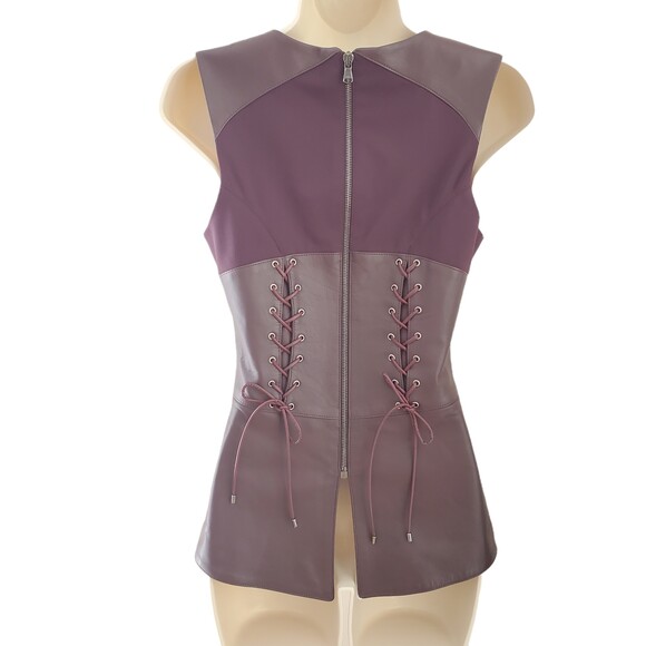 Veronica Beard 0 Leather Corset Back Vest Peplum Sleeveless Burgundy Plum Tank - Picture 12 of 12